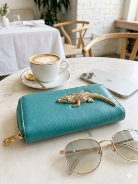 Turquoise Crocodile-Appliqué Zip Wallet - Unbranded